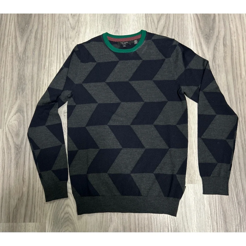 Ted Baker London Mens Wool Blend Geometric Chevron Sweater Navy Grey xs s luxury